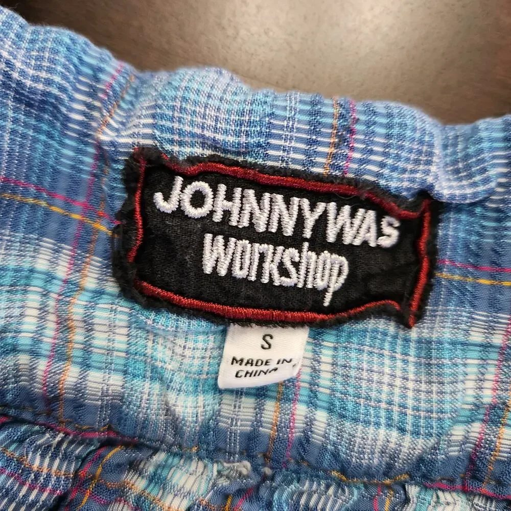 Johnny Was Aimee Puff Sleeve Floral Embroidered Tartan Plaid Peasant Top SzSmall